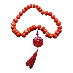 Mediterranean Red Coral Nugget Beaded Cinnabar Chinese Dragon Necklace